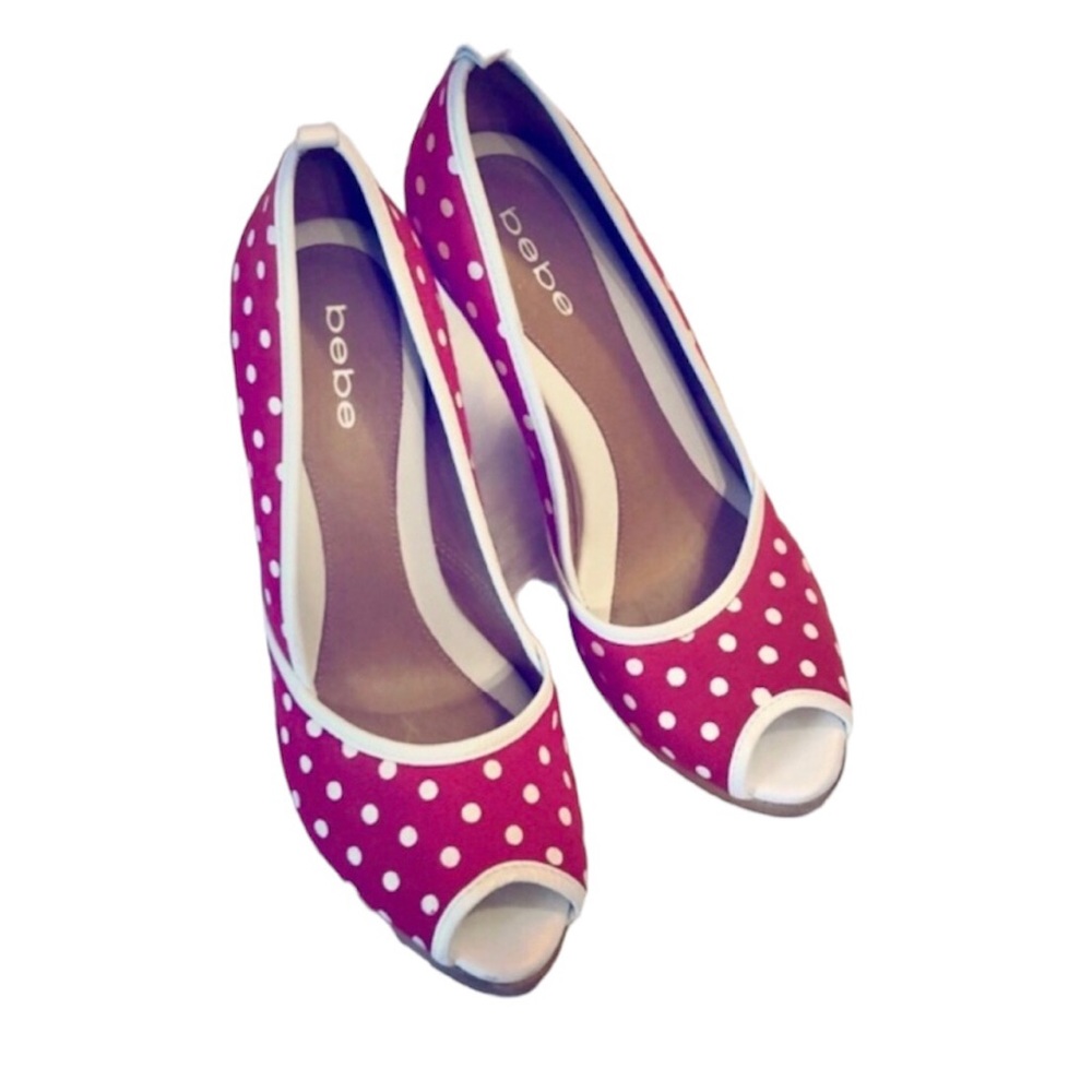 Bebe Red & White Polka Dot PeepToe Wedges
